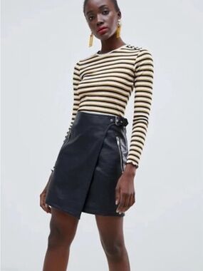 Warehouse Black Faux Leather Wrap-Front Mini Skirt